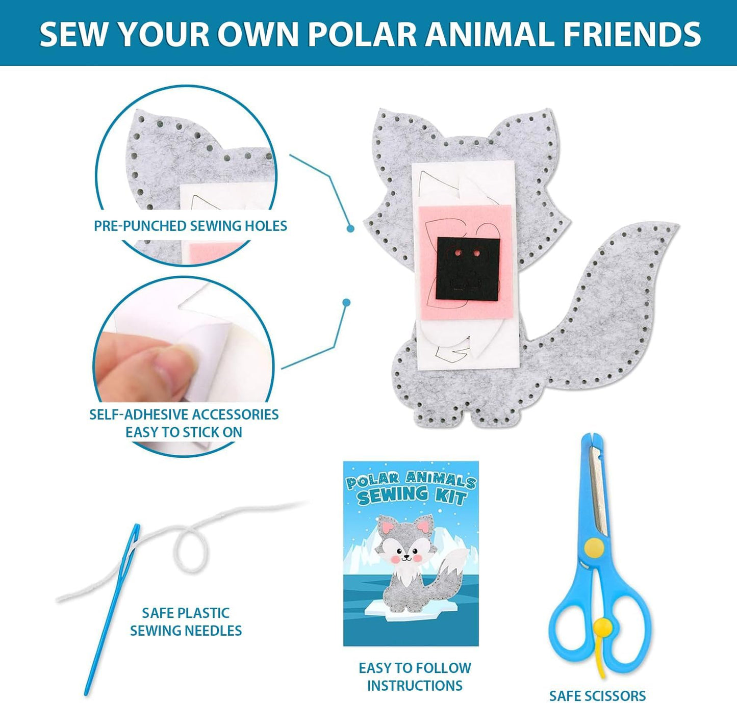 Polar Animals Sewing Kit For Kids, DIY Felt Craft Set Age 6+, Ideas Gifts For Girls Boys
