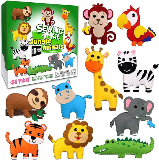 Safari Jungle Animals Sewing Kit For Kids, DIY Felt Craft Set Age 6+, Ideas Gifts For Girls